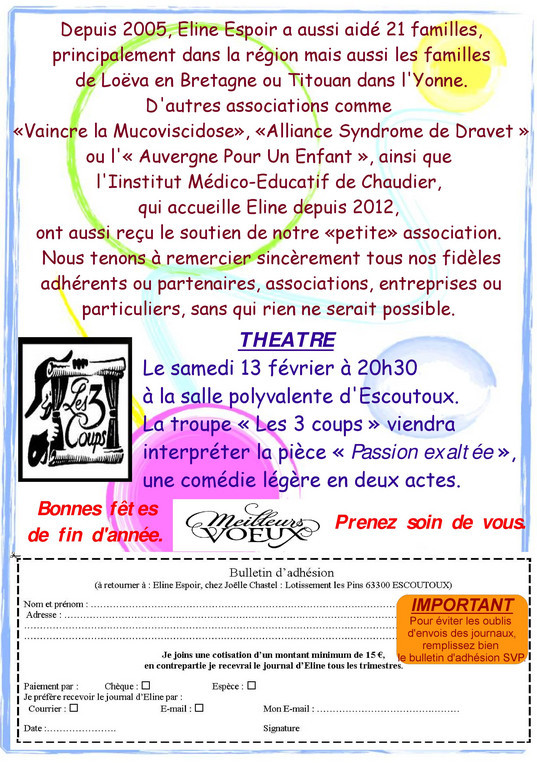 Journal Décembre 2020 de l'association Eline Espoir à Escoutoux