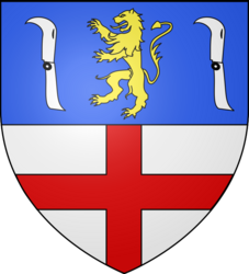 Blason de la commune d'Escoutoux : description héraldique : coupé, au premier d'azur au lion d'or accosté de deux serpes d'argent, au second d'argent à la croix de gueules.